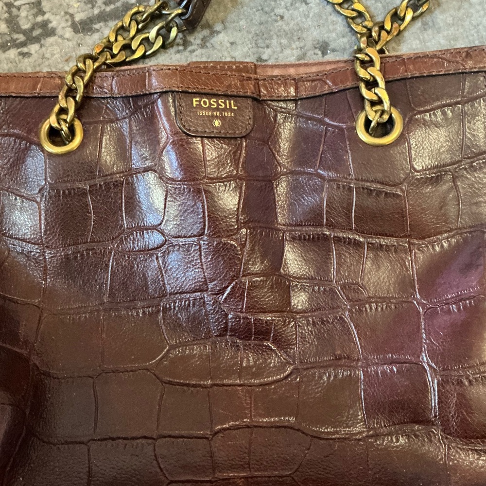 Fossil Dark Brown Croc-Embossed Tote - Picture 2 of 9